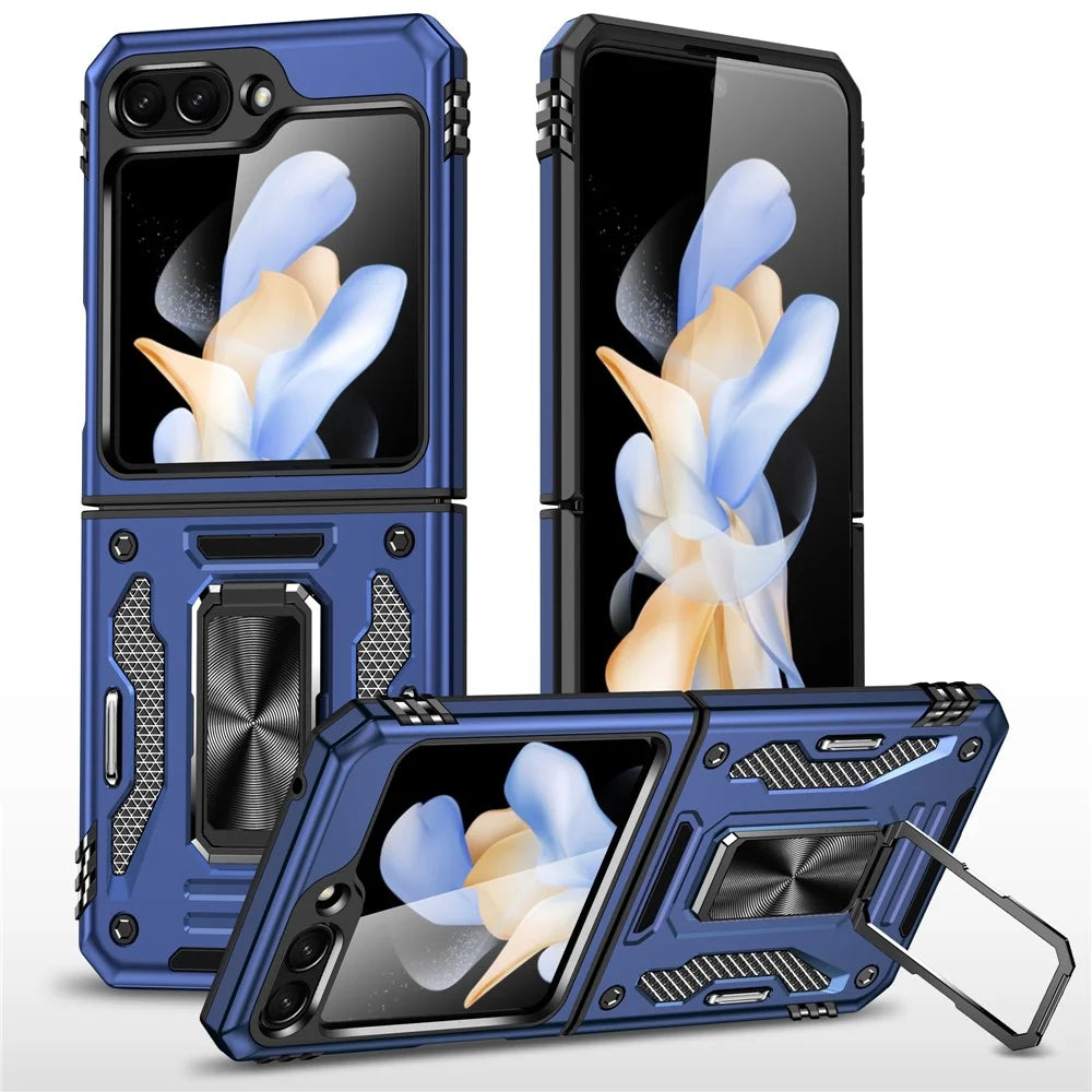 Armor Series For Samsung Galaxy Z Flip7 FE 5G / Z Flip6 5G Case Ring Kickstand PC+TPU Phone Cover - Navy Blue - 1