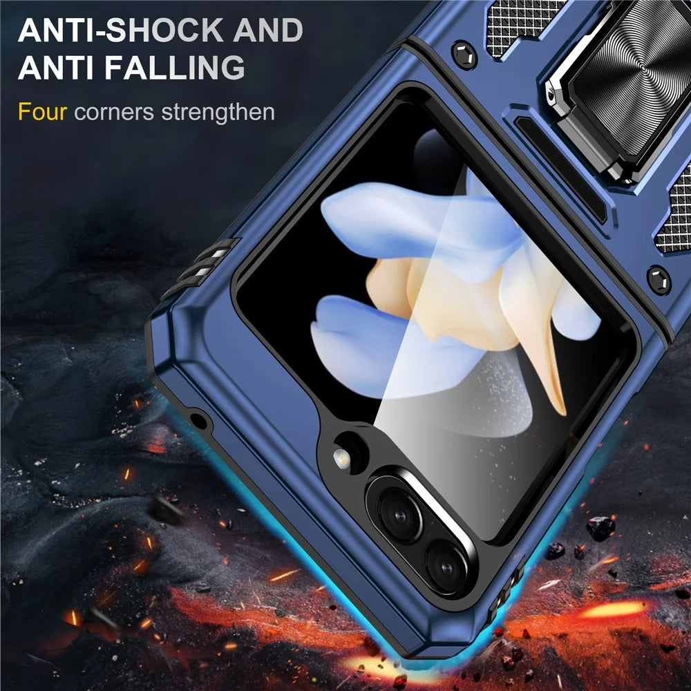 Armor Series For Samsung Galaxy Z Flip7 FE 5G / Z Flip6 5G Case Ring Kickstand PC+TPU Phone Cover - Navy Blue - 2