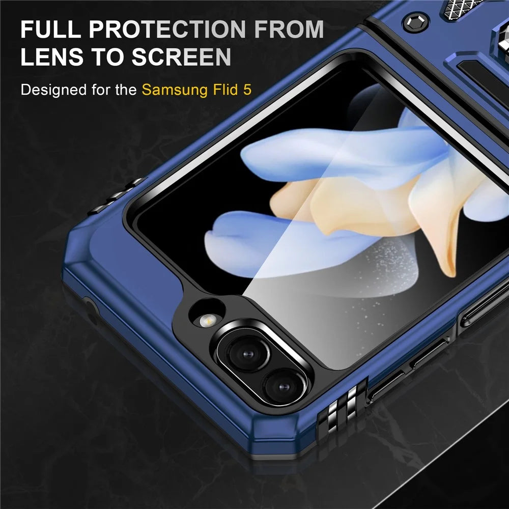 Armor Series For Samsung Galaxy Z Flip7 FE 5G / Z Flip6 5G Case Ring Kickstand PC+TPU Phone Cover - Navy Blue - 5