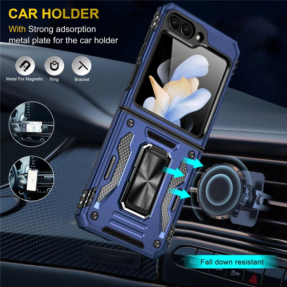 Armor Series For Samsung Galaxy Z Flip7 FE 5G / Z Flip6 5G Case Ring Kickstand PC+TPU Phone Cover - Navy Blue - 6