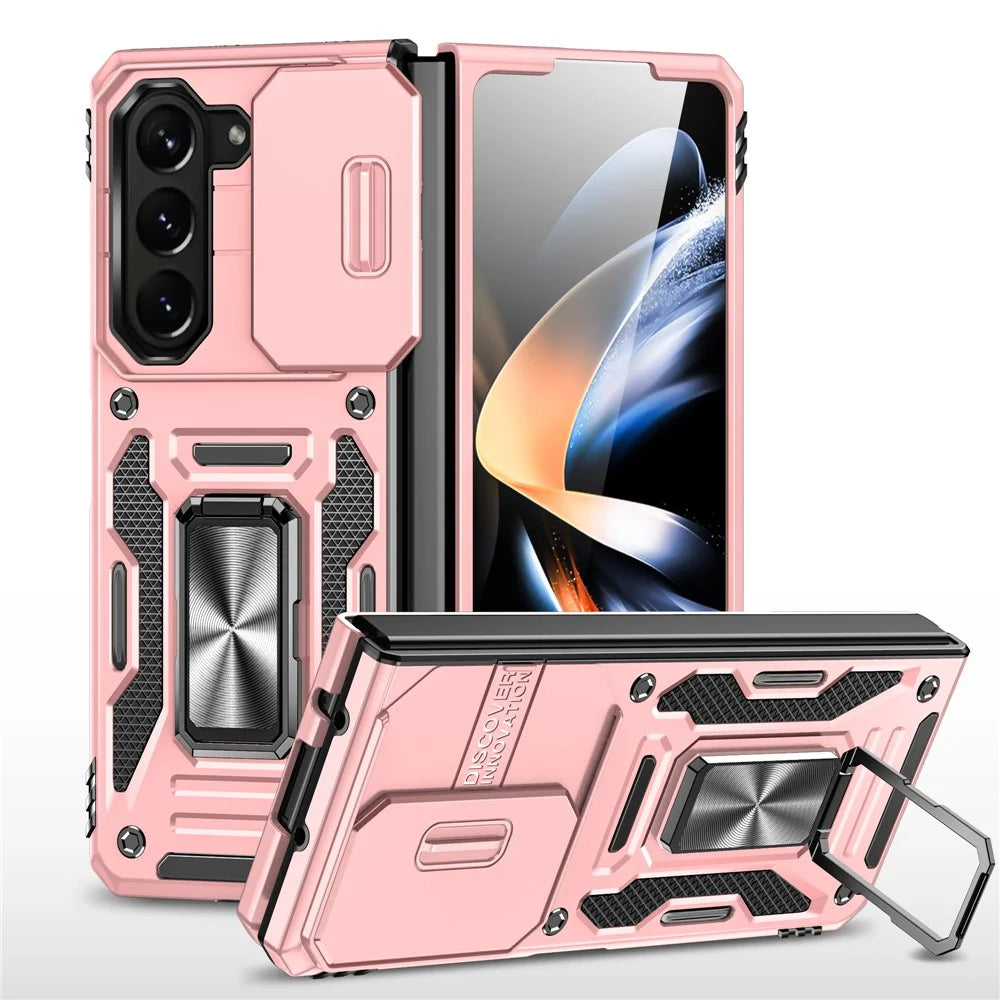 Armor Series For Samsung Galaxy Z Fold6 5G Kickstand Case Slide Lens Cover PC+TPU Phone Shell - Rose Gold - 1
