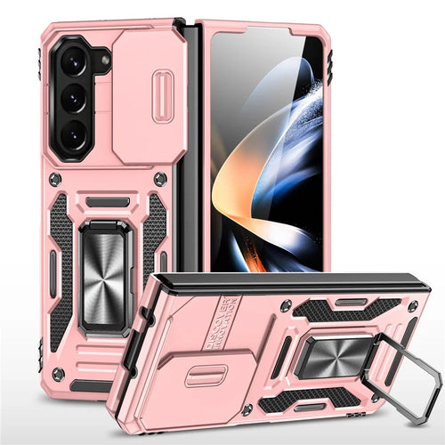 Armor Series For Samsung Galaxy Z Fold6 5G Kickstand Case Slide Lens Cover PC+TPU Phone Shell - Rose Gold - 1