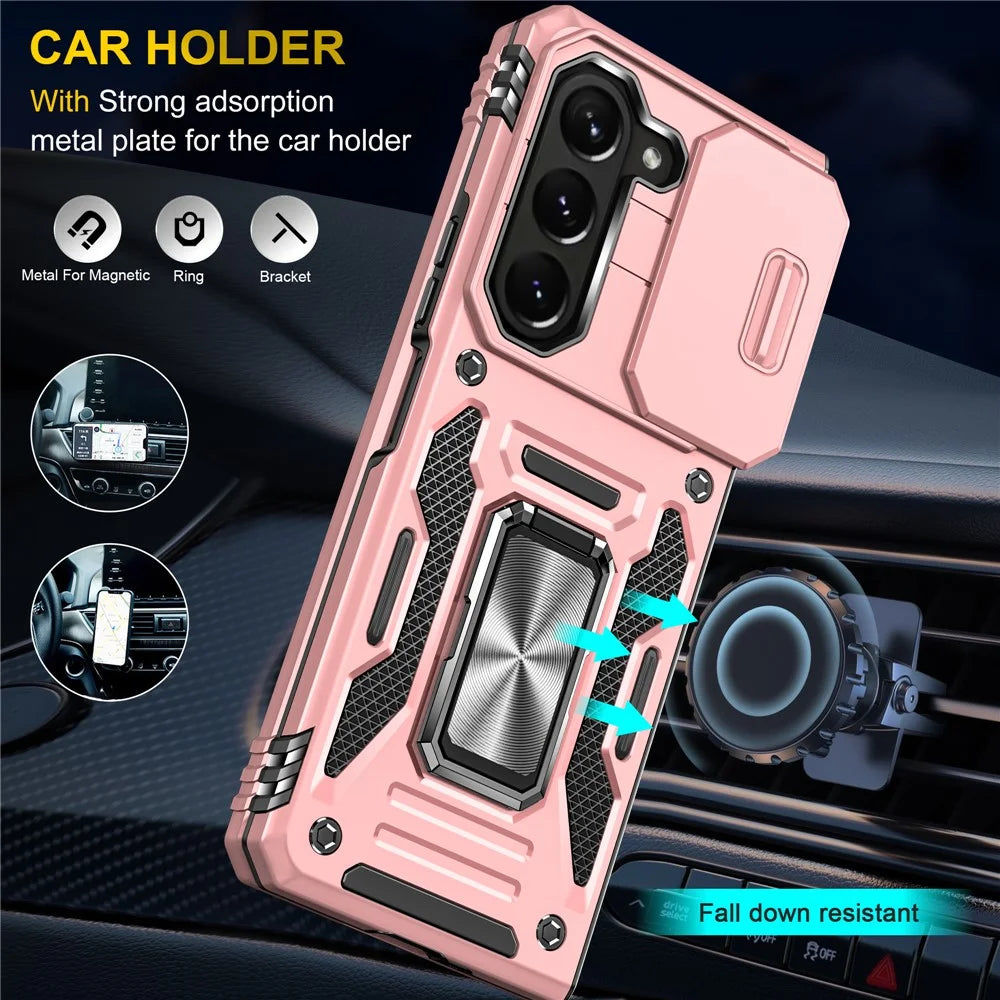 Armor Series For Samsung Galaxy Z Fold6 5G Kickstand Case Slide Lens Cover PC+TPU Phone Shell - Rose Gold - 7