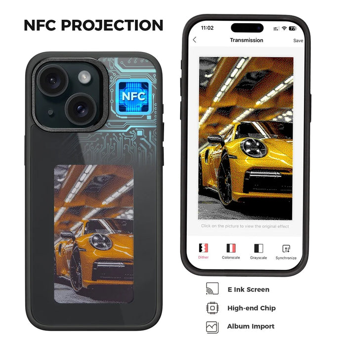 4 Color E Ink Phone Case for iPhone 15 Case Smart NFC DIY Display Imaging, Black / White / Red / Yellow - Black - 3