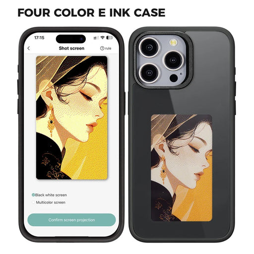 For iPhone 15 Pro E Ink Phone Case 4-Color Screen Play DIY Phone Cover - Black - 1