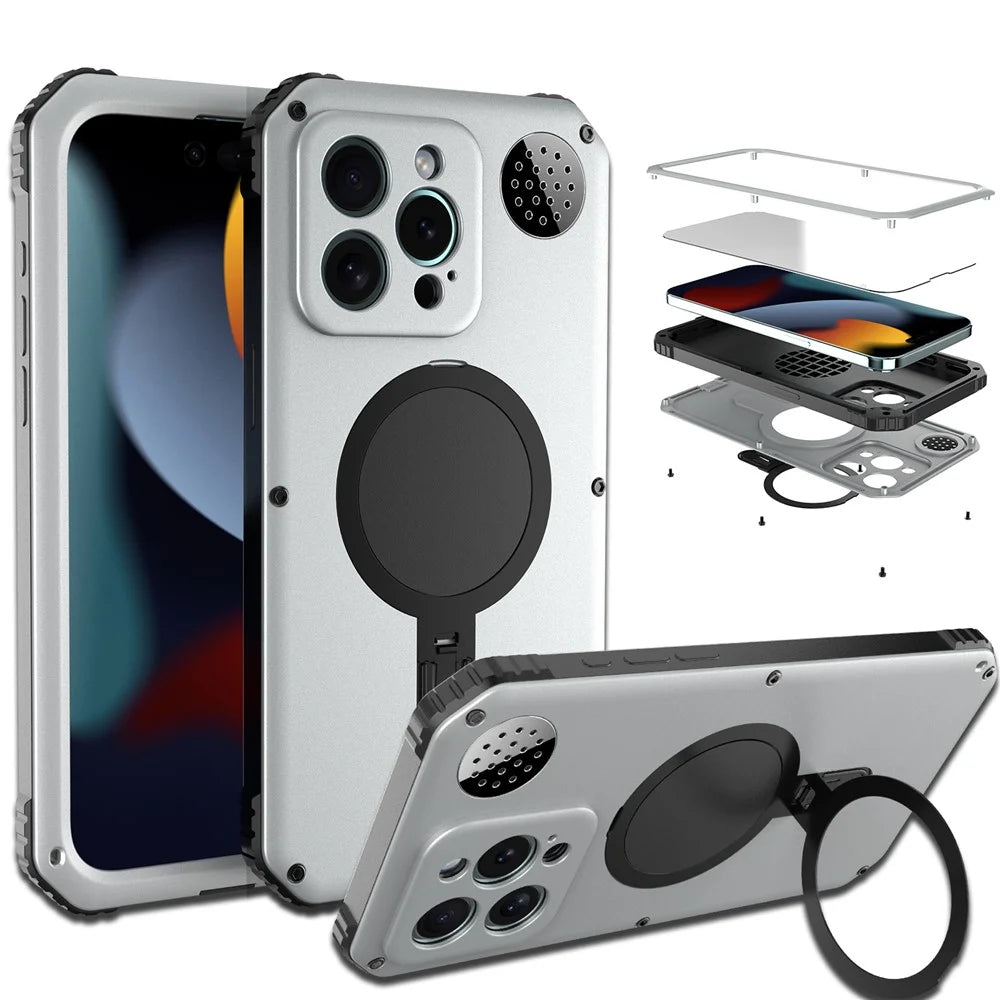 For iPhone 15 Pro Max Magnetic Case Kickstand Metal+TPU Phone Cover with Tempered Glass Film - Silver - 1