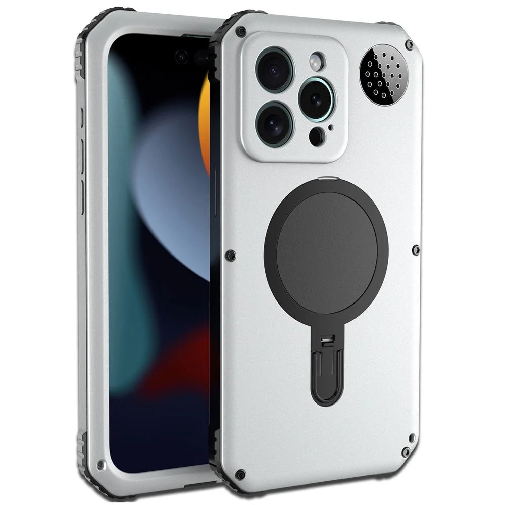 For iPhone 15 Pro Max Magnetic Case Kickstand Metal+TPU Phone Cover with Tempered Glass Film - Silver - 2