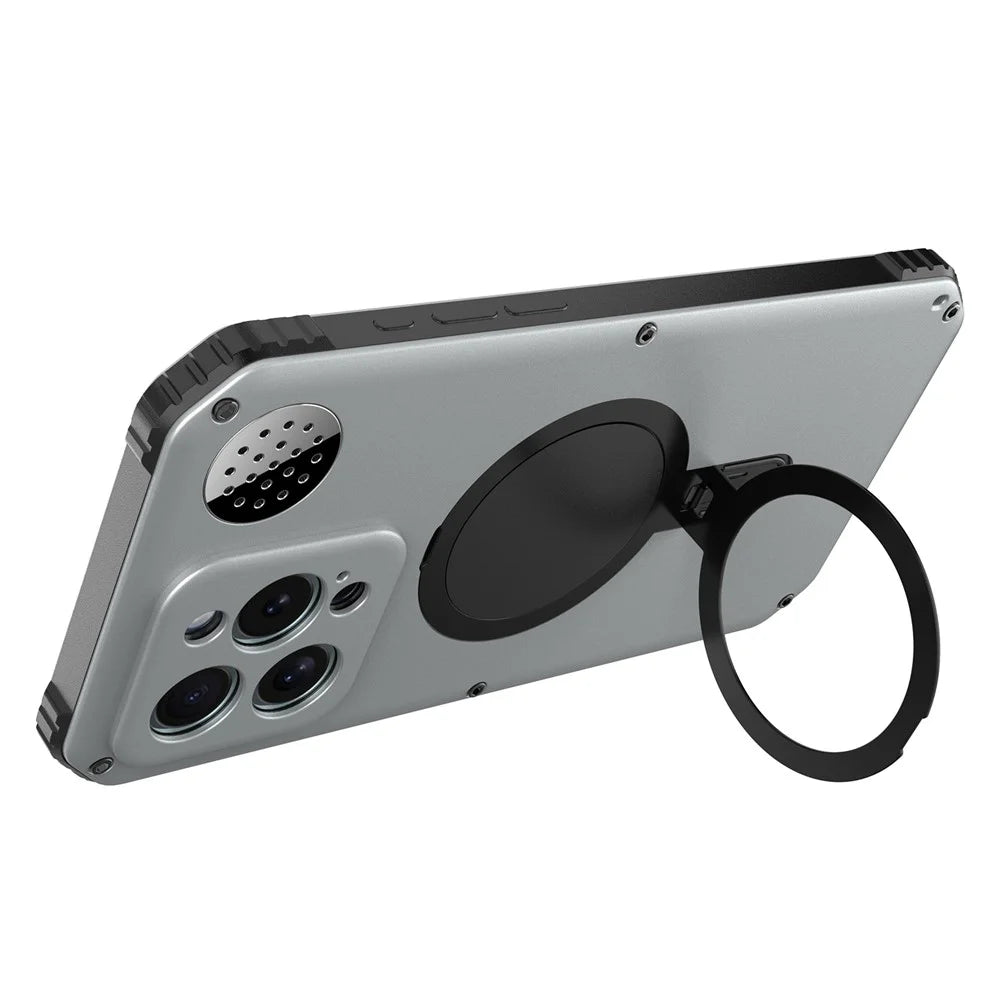 For iPhone 15 Pro Max Magnetic Case Kickstand Metal+TPU Phone Cover with Tempered Glass Film - Silver - 3