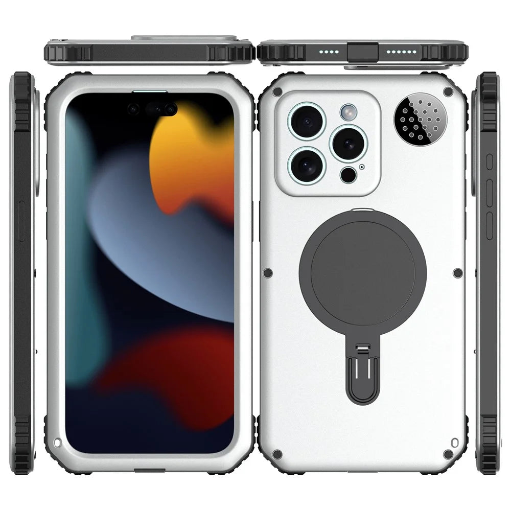 For iPhone 15 Pro Max Magnetic Case Kickstand Metal+TPU Phone Cover with Tempered Glass Film - Silver - 5