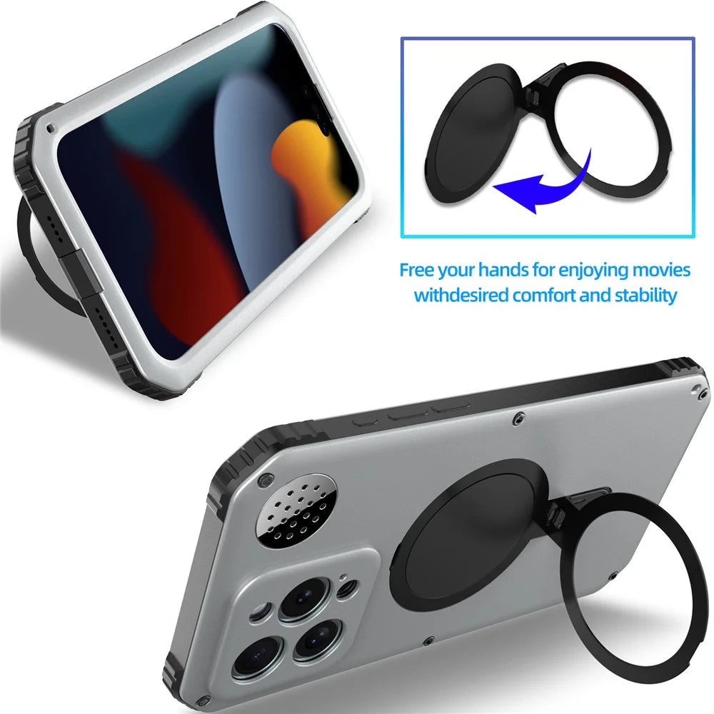 For iPhone 15 Pro Max Magnetic Case Kickstand Metal+TPU Phone Cover with Tempered Glass Film - Silver - 6