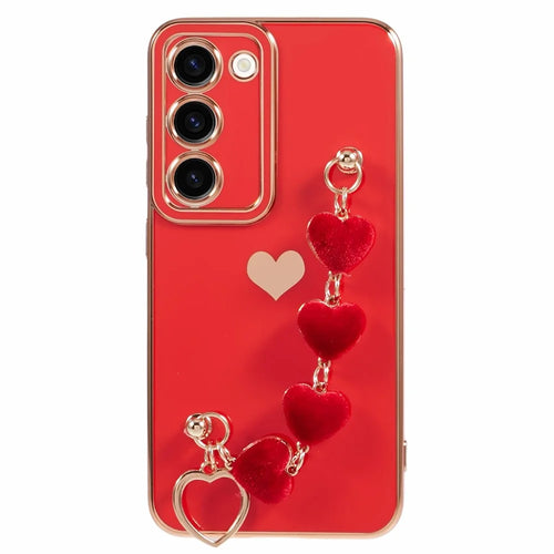 For Samsung Galaxy S23 Case Electroplating Shockproof TPU Phone Cover with Strap - Red - 1