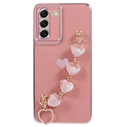 For Samsung Galaxy S21 FE 5G TPU Case Heart Pattern Electroplating Phone Cover with Strap - Pink - 1
