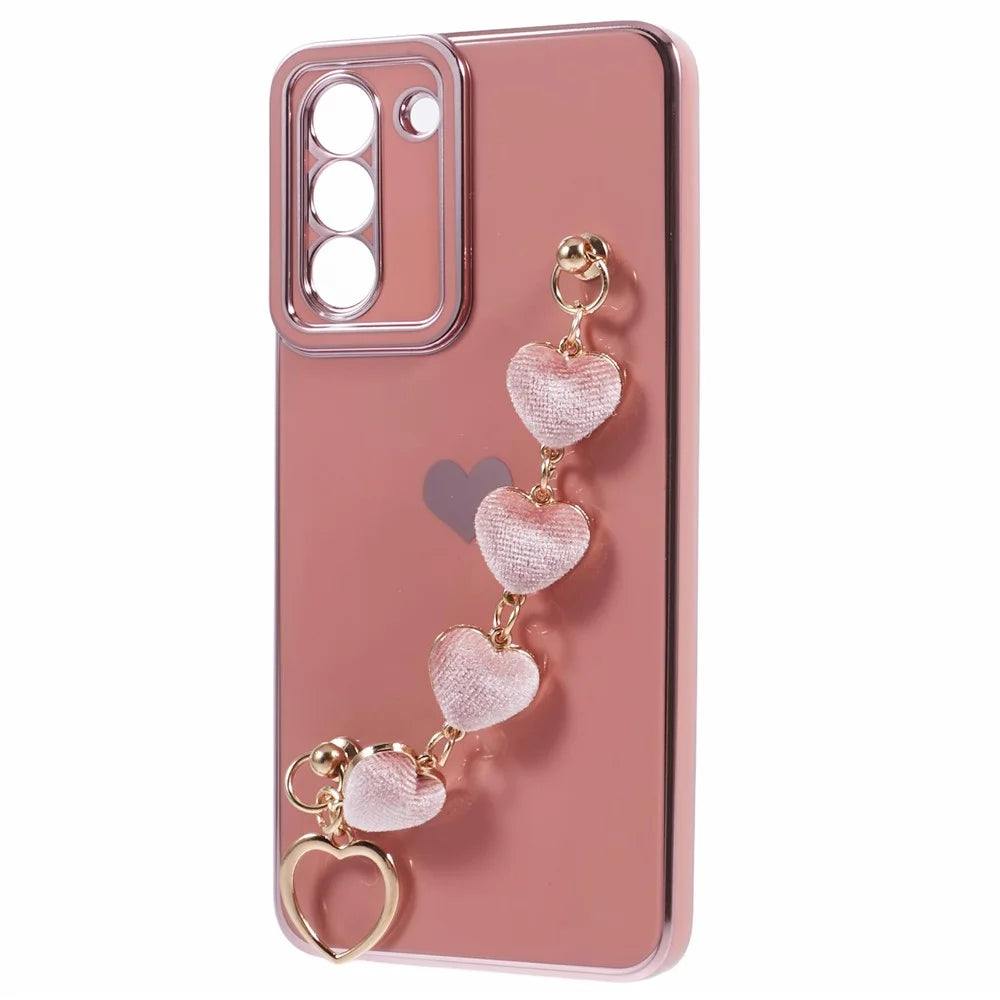 For Samsung Galaxy S21 FE 5G TPU Case Heart Pattern Electroplating Phone Cover with Strap - Pink - 3