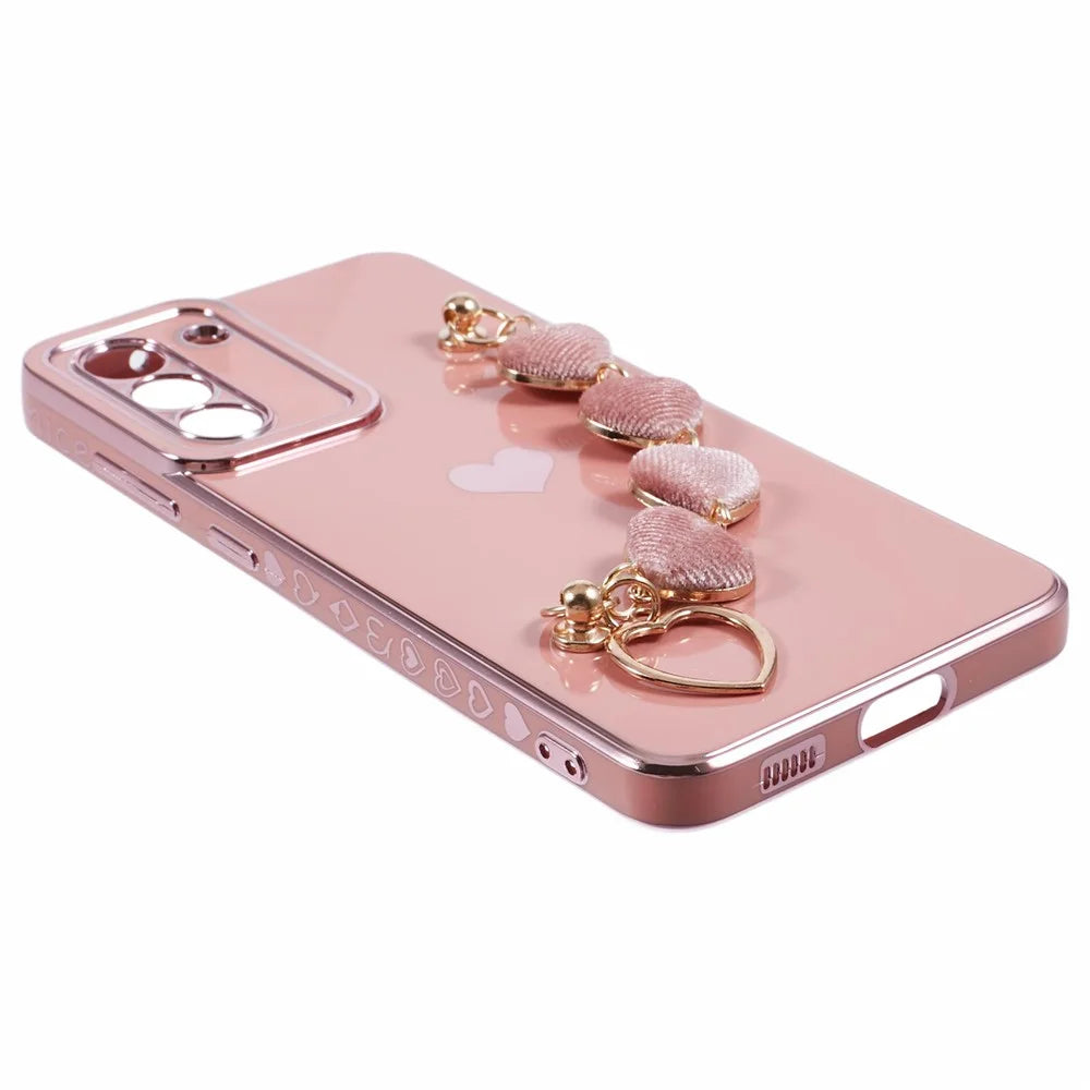 For Samsung Galaxy S21 FE 5G TPU Case Heart Pattern Electroplating Phone Cover with Strap - Pink - 5