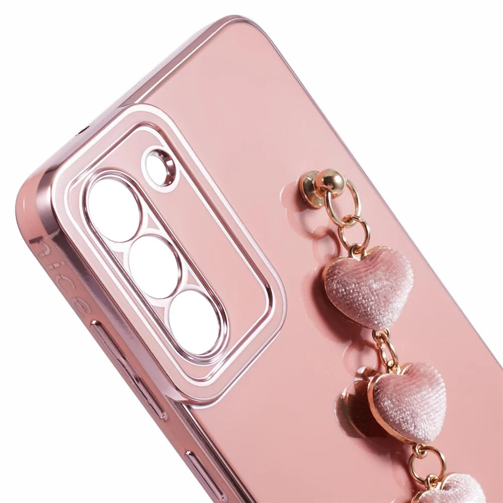 For Samsung Galaxy S21 FE 5G TPU Case Heart Pattern Electroplating Phone Cover with Strap - Pink - 6