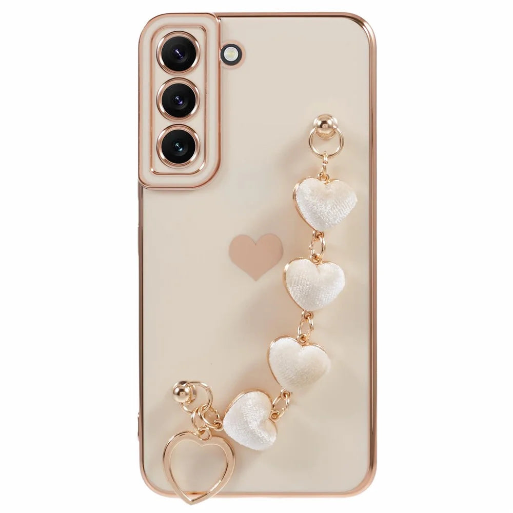 For Samsung Galaxy S22 5G Shockproof Case Electroplating TPU Phone Cover with Strap - White - 1