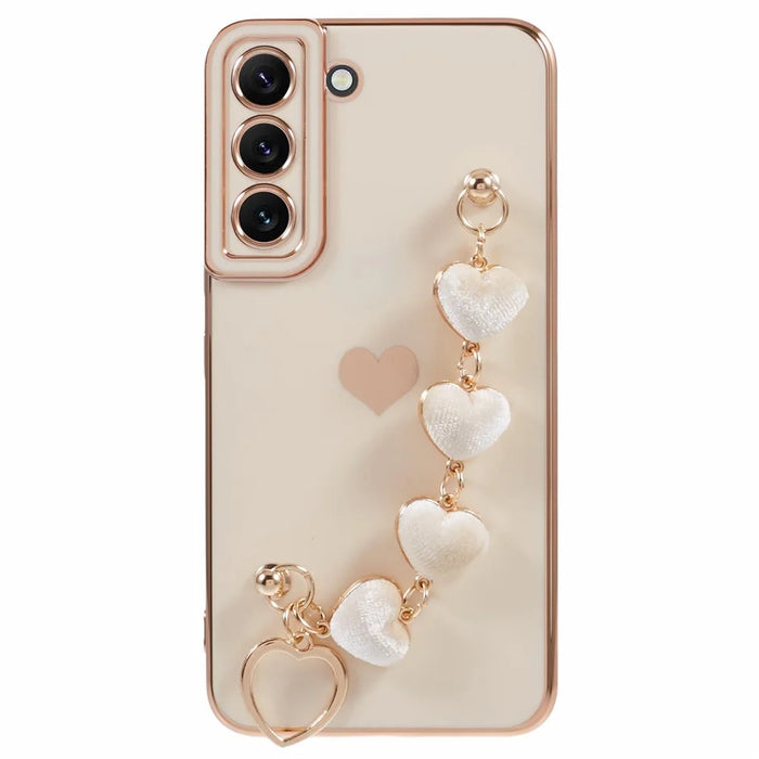 For Samsung Galaxy S22 5G Shockproof Case Electroplating TPU Phone Cover with Strap - White - 1
