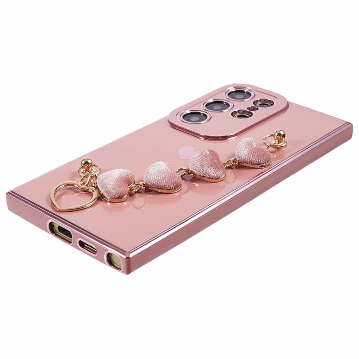 For Samsung Galaxy S24 Ultra Case Electroplating TPU Phone Cover with Heart Chain Strap - Pink - 4