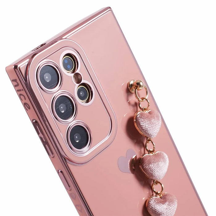 For Samsung Galaxy S24 Ultra Case Electroplating TPU Phone Cover with Heart Chain Strap - Pink - 6
