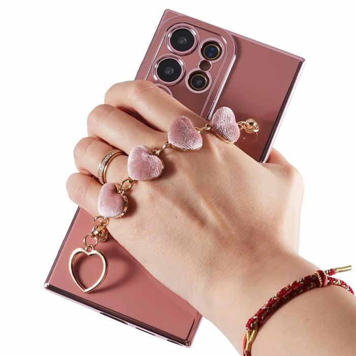 For Samsung Galaxy S24 Ultra Case Electroplating TPU Phone Cover with Heart Chain Strap - Pink - 7