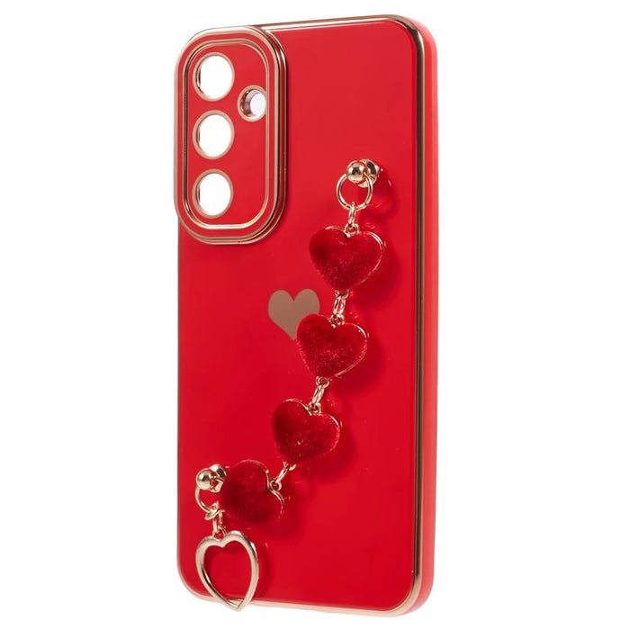 For Samsung Galaxy A55 5G Case Electroplating TPU Phone Cover Love Heart Pattern with Wrist Chains - Red - 3