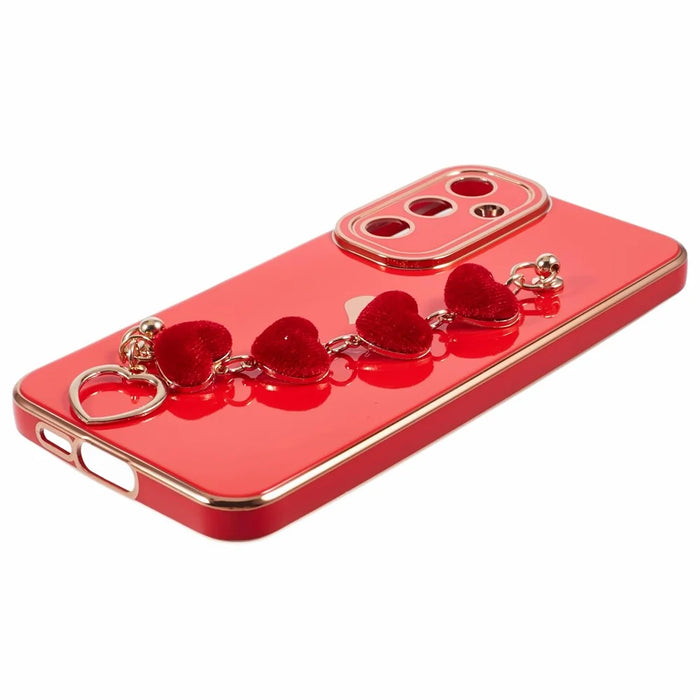 For Samsung Galaxy A55 5G Case Electroplating TPU Phone Cover Love Heart Pattern with Wrist Chains - Red - 4