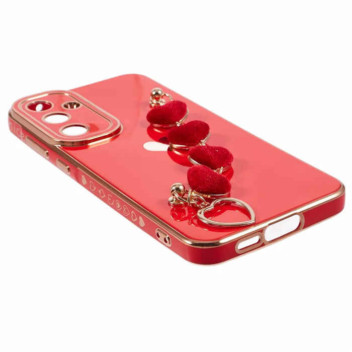 For Samsung Galaxy A55 5G Case Electroplating TPU Phone Cover Love Heart Pattern with Wrist Chains - Red - 5