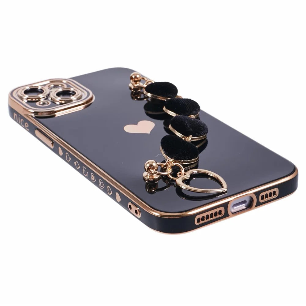 For iPhone 15 Plus Shockproof Case Electroplating TPU Phone Cover with Strap - Black - 5