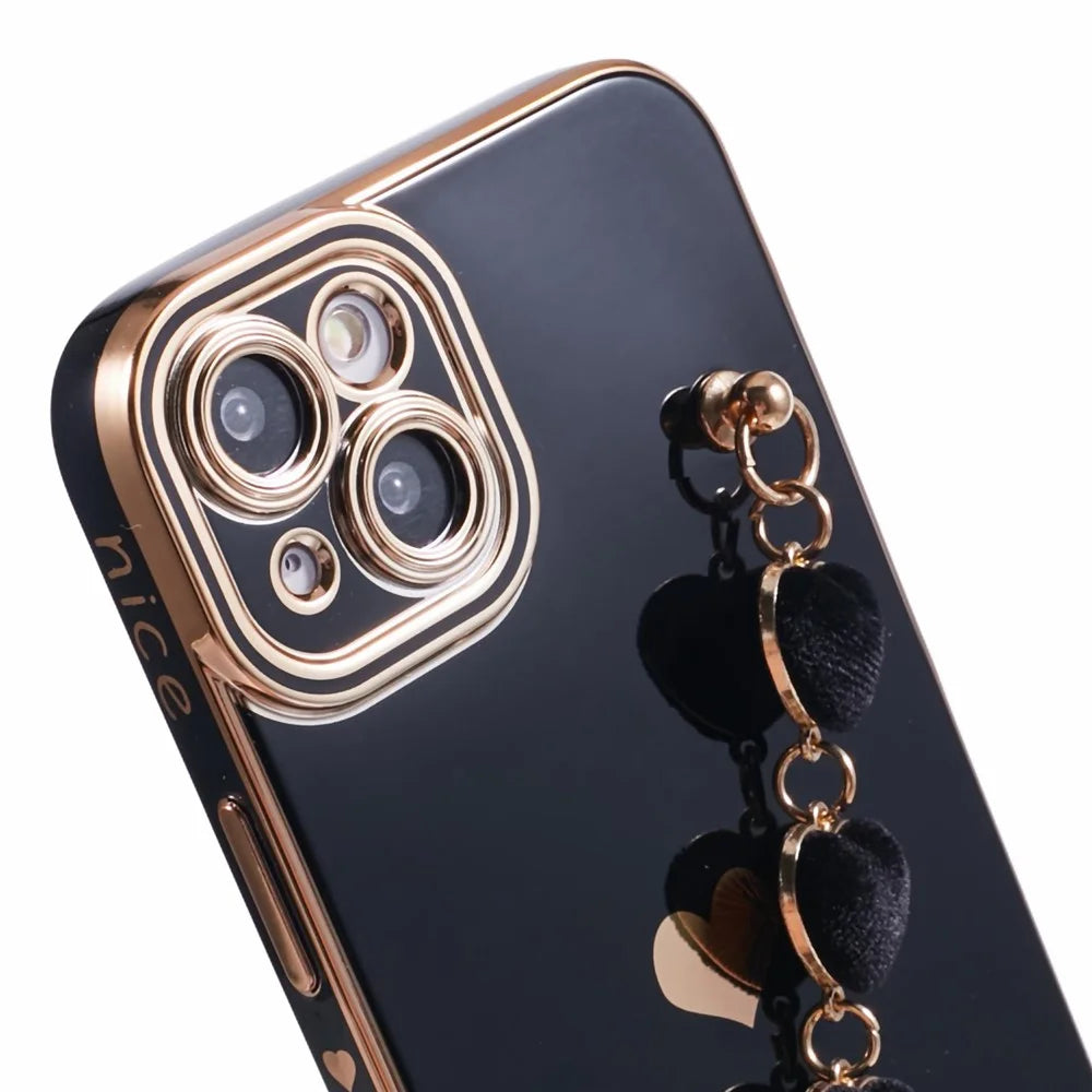 For iPhone 15 Plus Shockproof Case Electroplating TPU Phone Cover with Strap - Black - 6