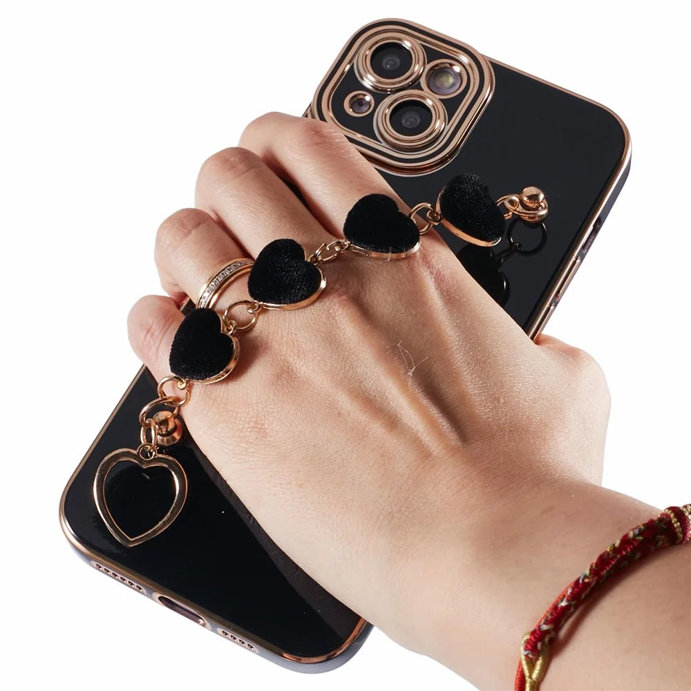 For iPhone 15 Plus Shockproof Case Electroplating TPU Phone Cover with Strap - Black - 7