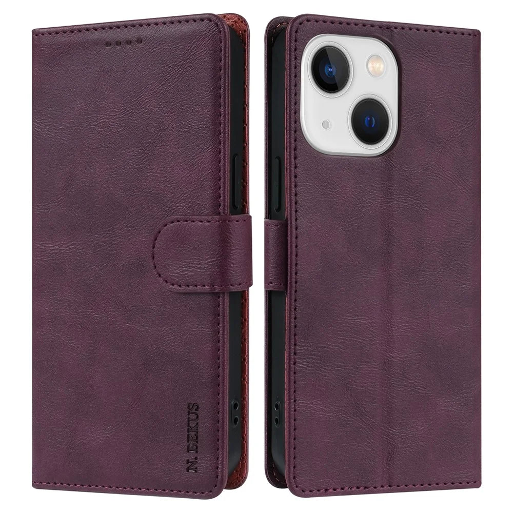 N.BEKUS CSJ-001 For iPhone 15 Case Solid Color Leather Phone Cover with 3 Card Holder - Wine Red - 1