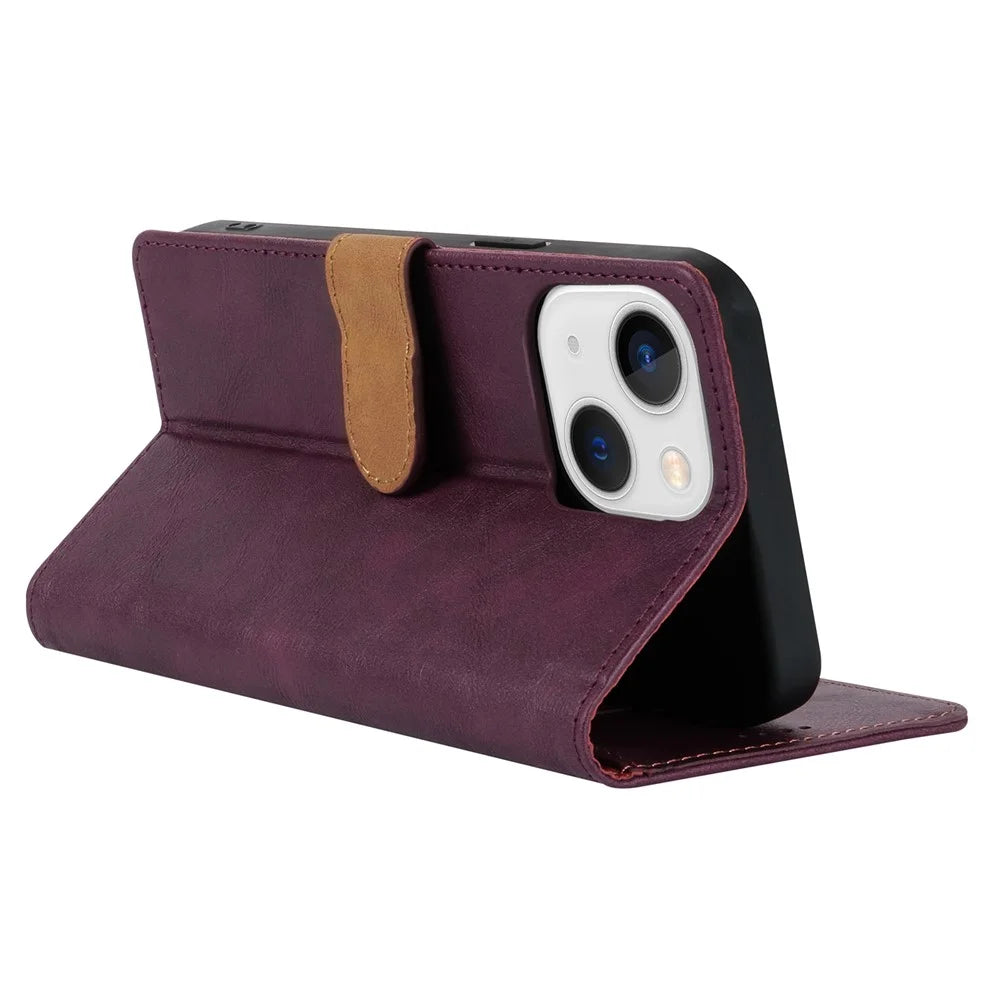 N.BEKUS CSJ-001 For iPhone 15 Case Solid Color Leather Phone Cover with 3 Card Holder - Wine Red - 3