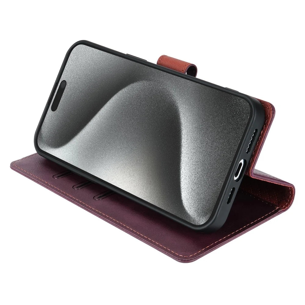 N.BEKUS CSJ-001 For iPhone 15 Case Solid Color Leather Phone Cover with 3 Card Holder - Wine Red - 4