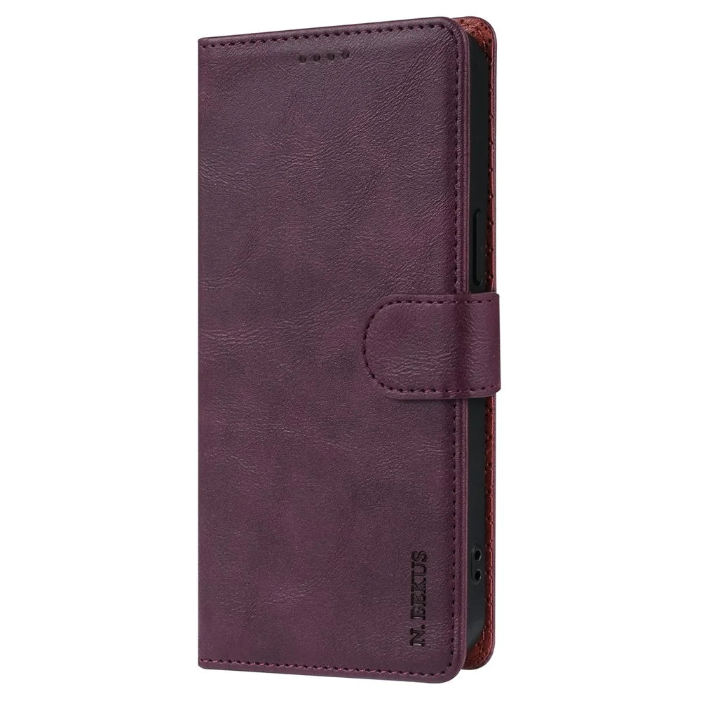 N.BEKUS CSJ-001 For iPhone 15 Case Solid Color Leather Phone Cover with 3 Card Holder - Wine Red - 6