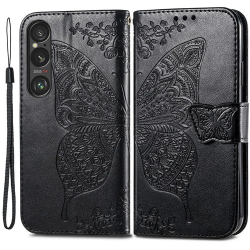For Sony Xperia 1 VI Case Butterfly Pattern PU Leather Flip Phone Cover - Black - 1