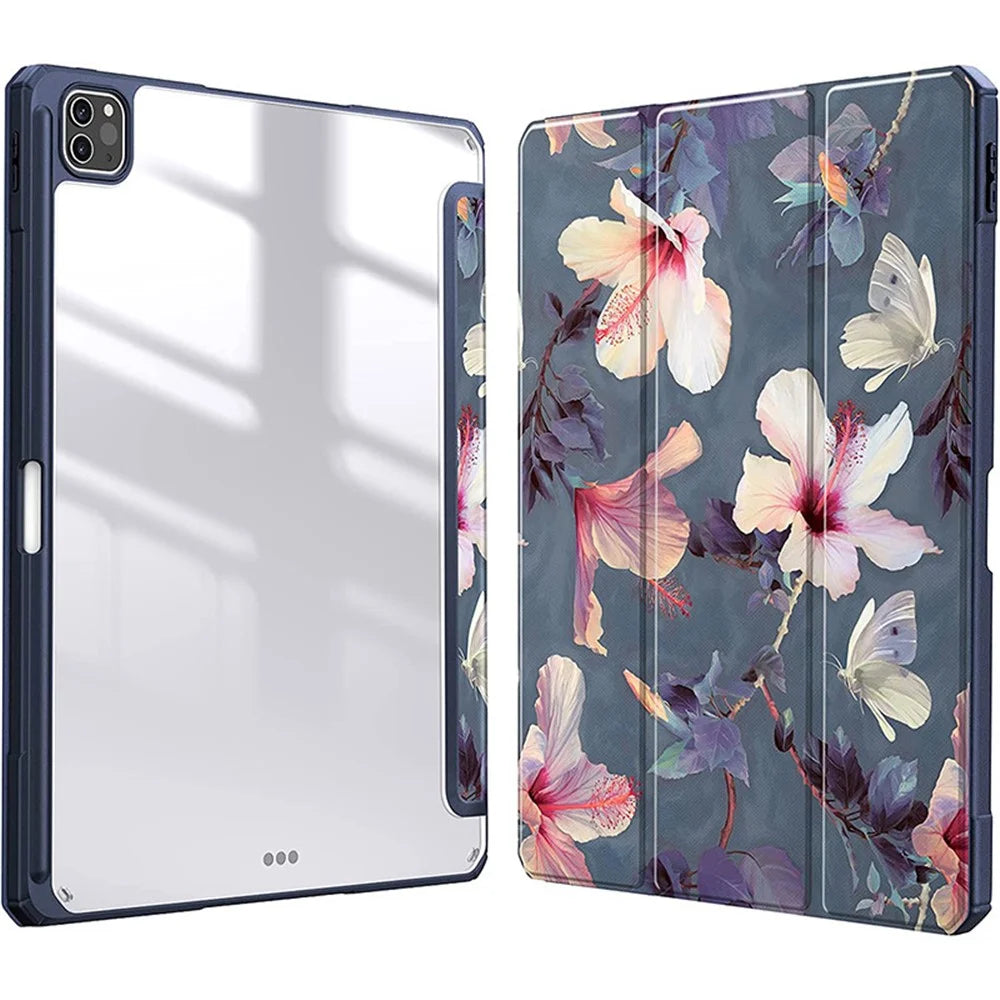 Bulk Purchasing For iPad Pro 13 (2025) / 13 (2024) Case Tri-Fold Stand Leather+TPU+Clear Acrylic Pattern Tablet Cover - Grey / Flower - 1