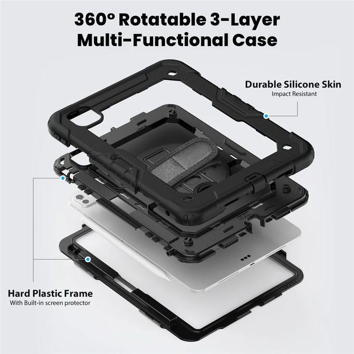 For iPad Pro 11 (2025) / 11 (2024) Case PC+Silicone Tablet Cover with Screen Protector Pencil Holder - Black - 4