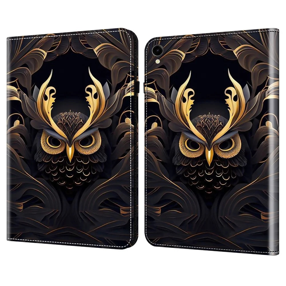 For Samsung Galaxy Tab S10 Lite / S10 FE / S9 FE / S9 Case Folio Stand PU Leather Pattern Tablet Cover - Owl - 1