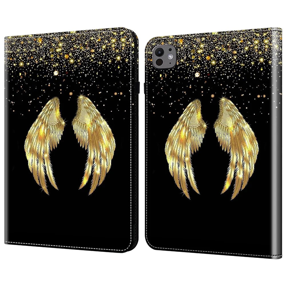 For iPad Pro 13 (2025) / 13 (2024) Stand Case Pattern Printed Leather Tablet Flip Cover - Gold Wings - 1
