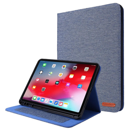 For iPad Air 11 (2026) / (2025) / (2024) Case Card Holder Pen Slot Leather Tablet Cover Cloth Texture -  Blue - 1