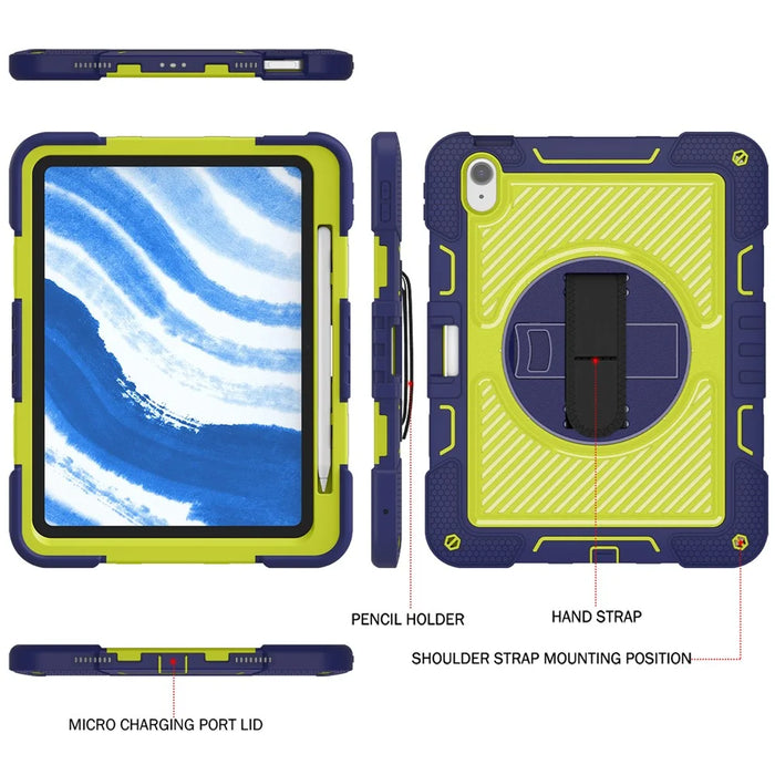 For iPad Air 11 (2026) / (2025) / (2024) Case Rotatable Kickstand Silicone + PC Tablet Cover with Shoulder Strap - Navy Blue+Green - 4