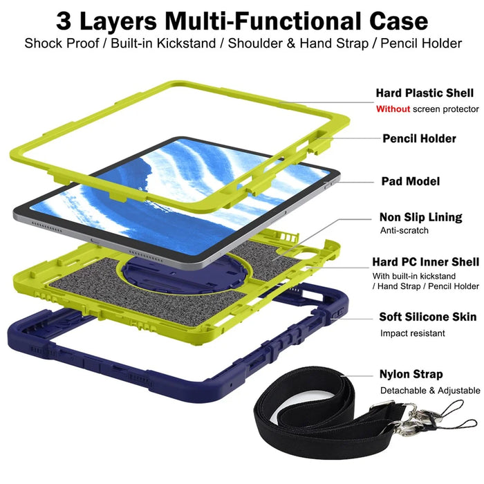 For iPad Air 11 (2026) / (2025) / (2024) Case Rotatable Kickstand Silicone + PC Tablet Cover with Shoulder Strap - Navy Blue+Green - 6