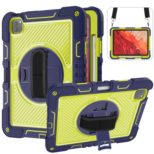 For iPad Pro 11 (2025) / 11 (2024) Case Kickstand Silicone + PC Tablet Cover with Hand / Shoulder Strap - Navy Blue+Green - 1