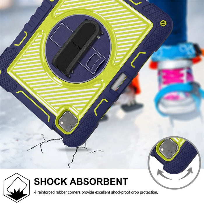 For iPad Pro 11 (2025) / 11 (2024) Case Kickstand Silicone + PC Tablet Cover with Hand / Shoulder Strap - Navy Blue+Green - 3