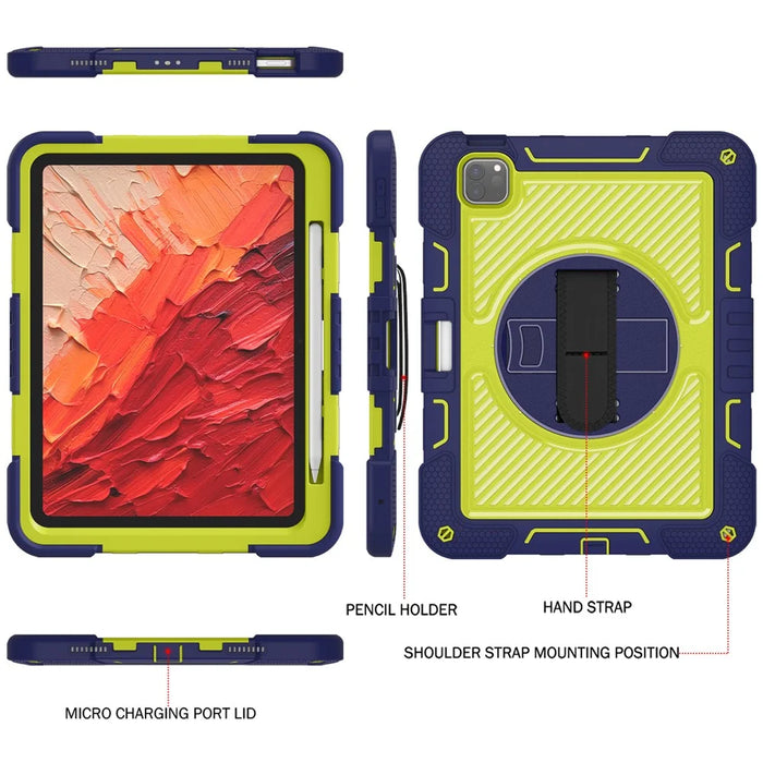 For iPad Pro 11 (2025) / 11 (2024) Case Kickstand Silicone + PC Tablet Cover with Hand / Shoulder Strap - Navy Blue+Green - 4