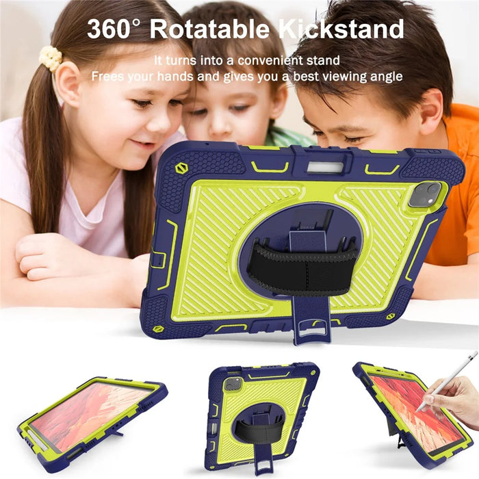 For iPad Pro 11 (2025) / 11 (2024) Case Kickstand Silicone + PC Tablet Cover with Hand / Shoulder Strap - Navy Blue+Green - 5