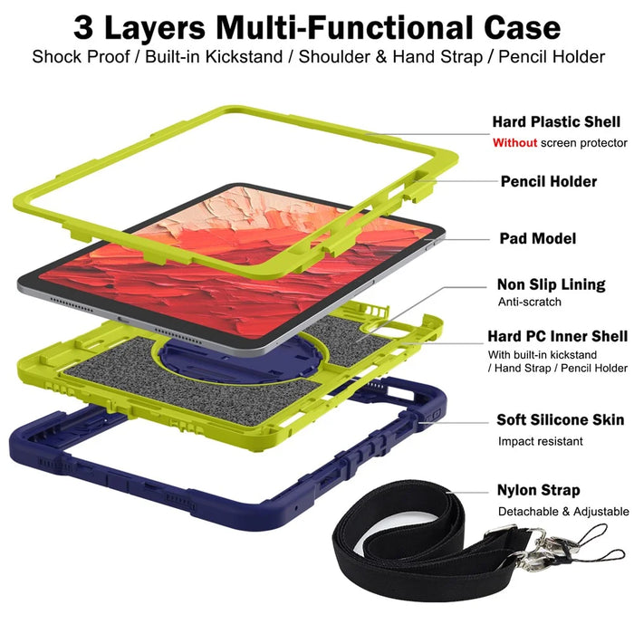For iPad Pro 11 (2025) / 11 (2024) Case Kickstand Silicone + PC Tablet Cover with Hand / Shoulder Strap - Navy Blue+Green - 6