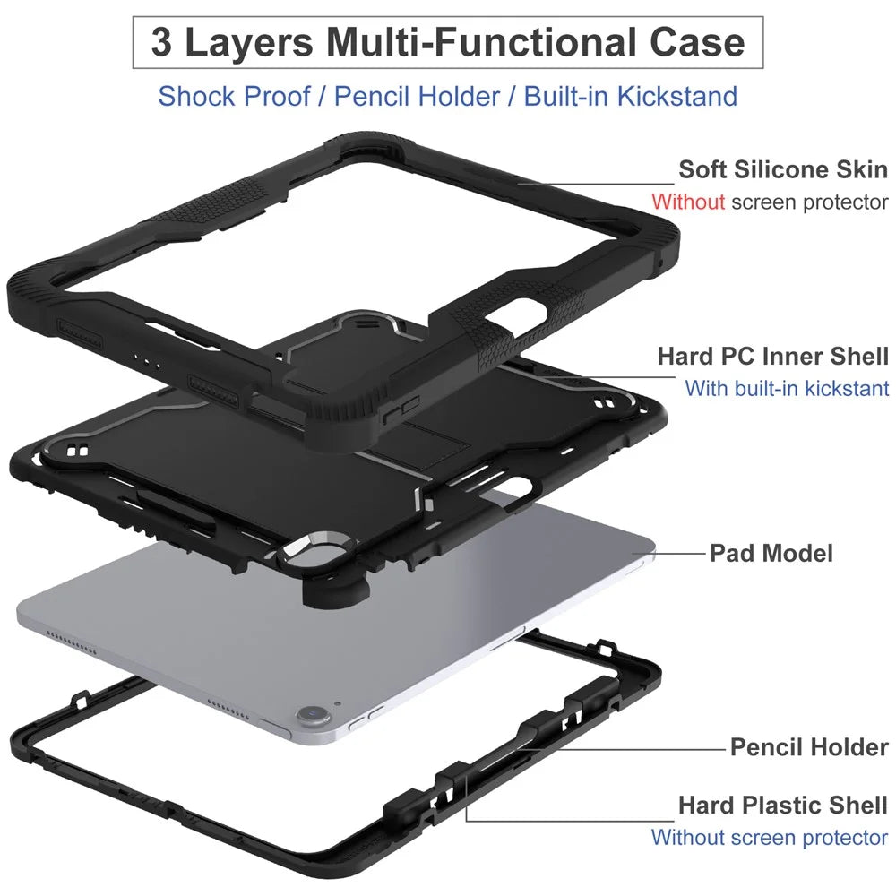 For iPad Air 11 (2026) / (2025) / (2024) Case Silicone + PC Tablet Cover with Stable Kickstand - Black - 7