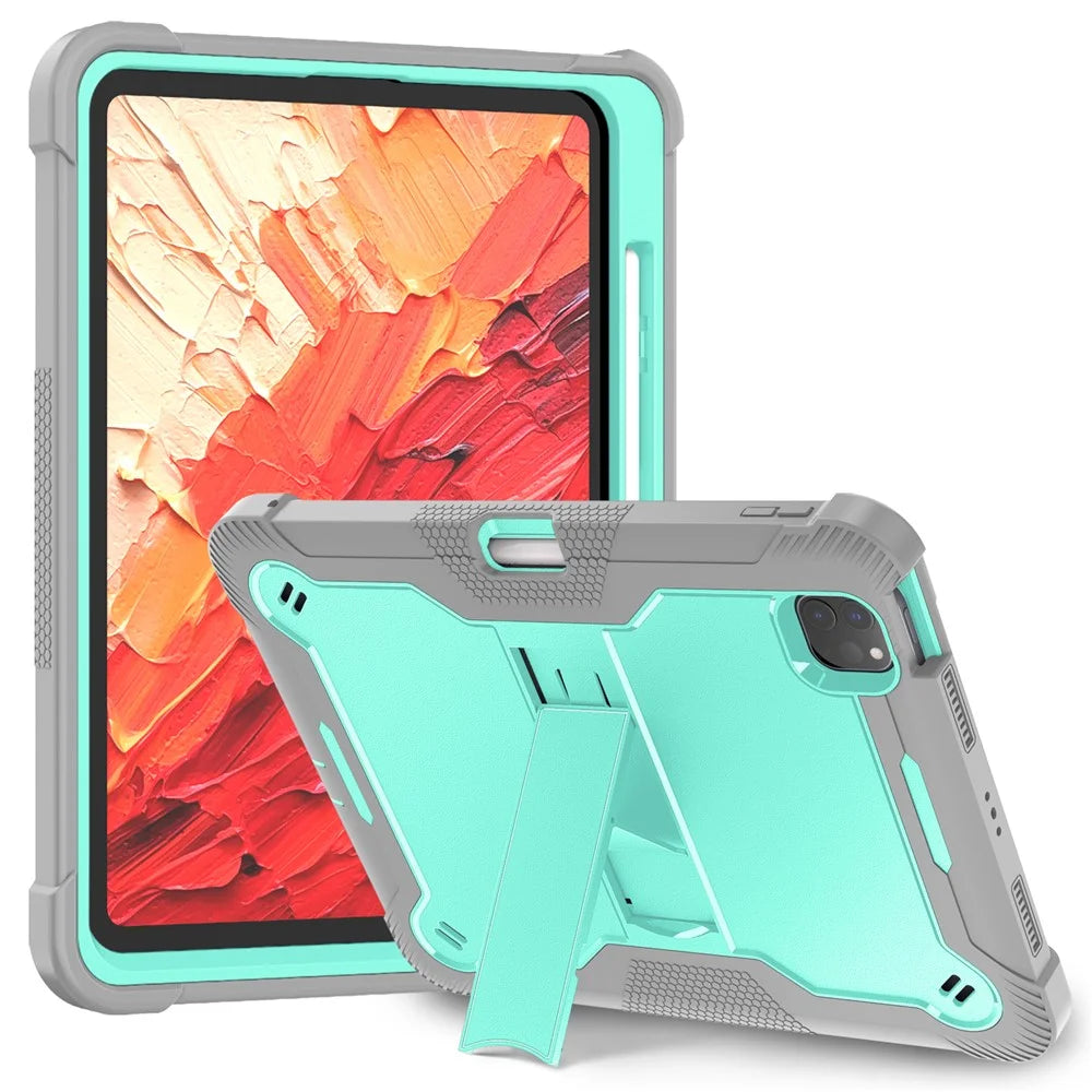 For iPad Pro 11 (2025) / 11 (2024) Case Hard PC and Soft Silicone Tablet Cover with Bracket Kickstand - Grey+Mint Green - 1