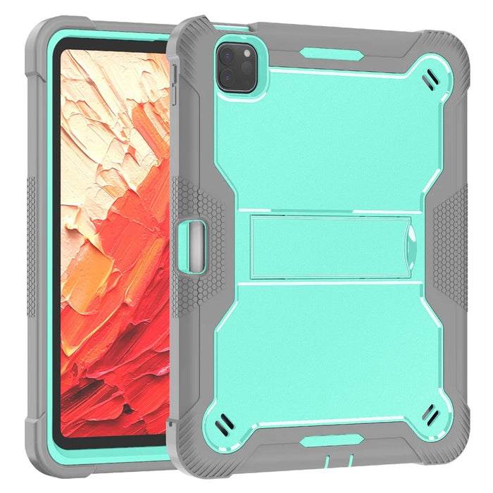 For iPad Pro 11 (2025) / 11 (2024) Case Hard PC and Soft Silicone Tablet Cover with Bracket Kickstand - Grey+Mint Green - 2